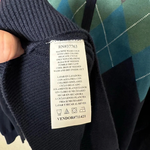 Perry Ellis Full Zip‑Up Long Sleeve Cardigan Sweater XXL Navy Argyle 100% Cotton - Picture 5 of 6